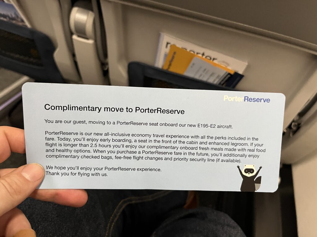 A boarding card which describes the benefits of being upgraded to Porter Reserve.