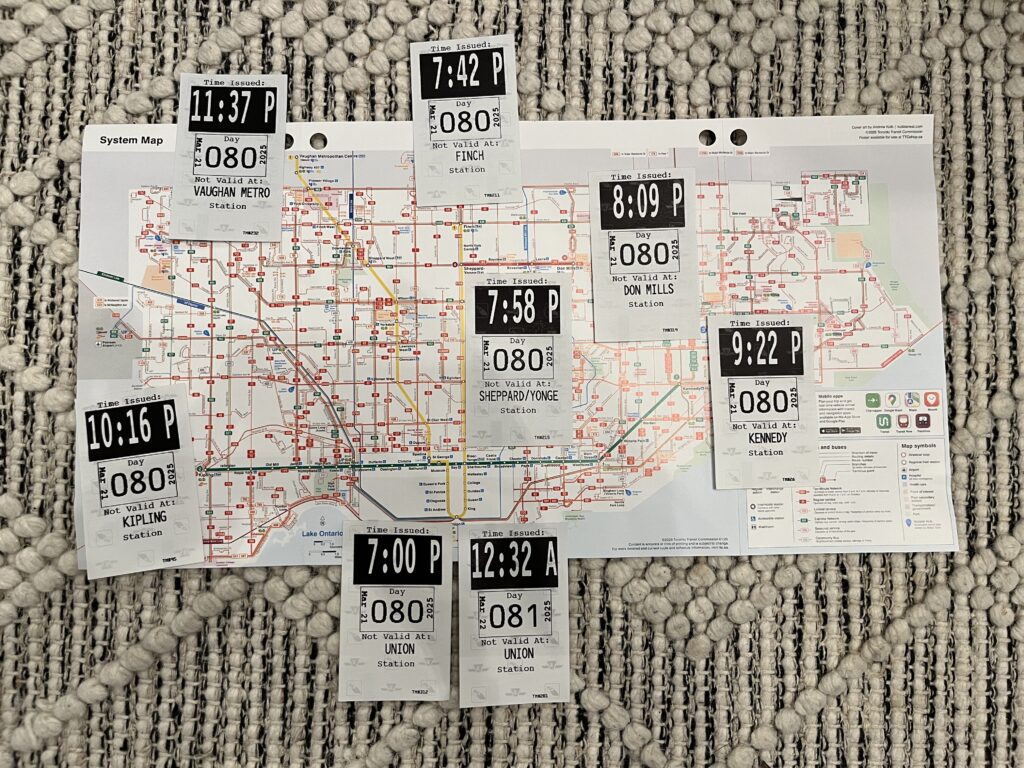 a TTC subway map with transfer tickets from each of the end stations.