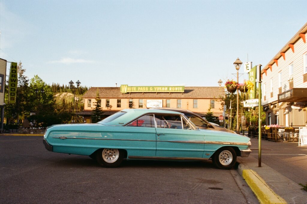 a baby blue vintage car